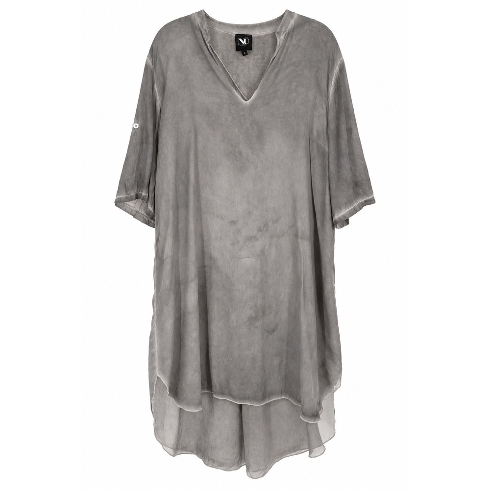 NU Denmark Tunic Top Gray V-Neck Roll Tab Sleeve High Low Hem Semi Sheer L
